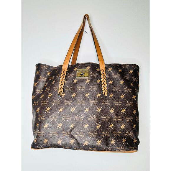 BEVERLY HILLS  POLO CLUB Brown Braided Handle Large Size Tote Handbag - Picture 1 of 14